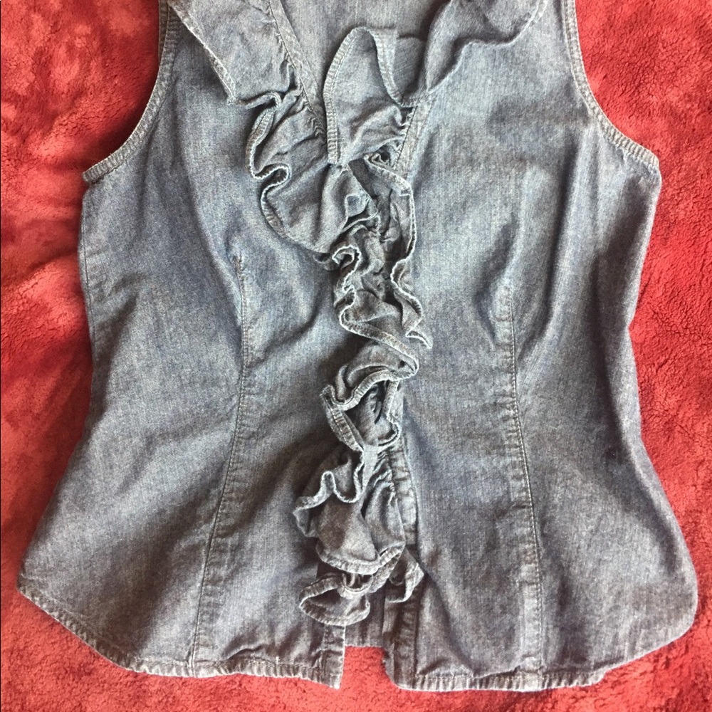 Chaps Women Ruffled Neck Denim Top Shirt Blouse 4P